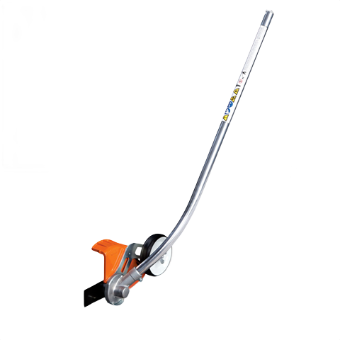 Curved lawn edger attachment with metal shaft and wheel for precise edging in trimmers and home improvement tools