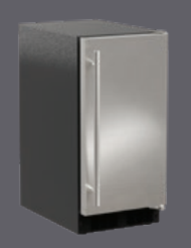 Low profile built-in clear ice machine with stainless steel door and vertical handle in kitchen appliances collection