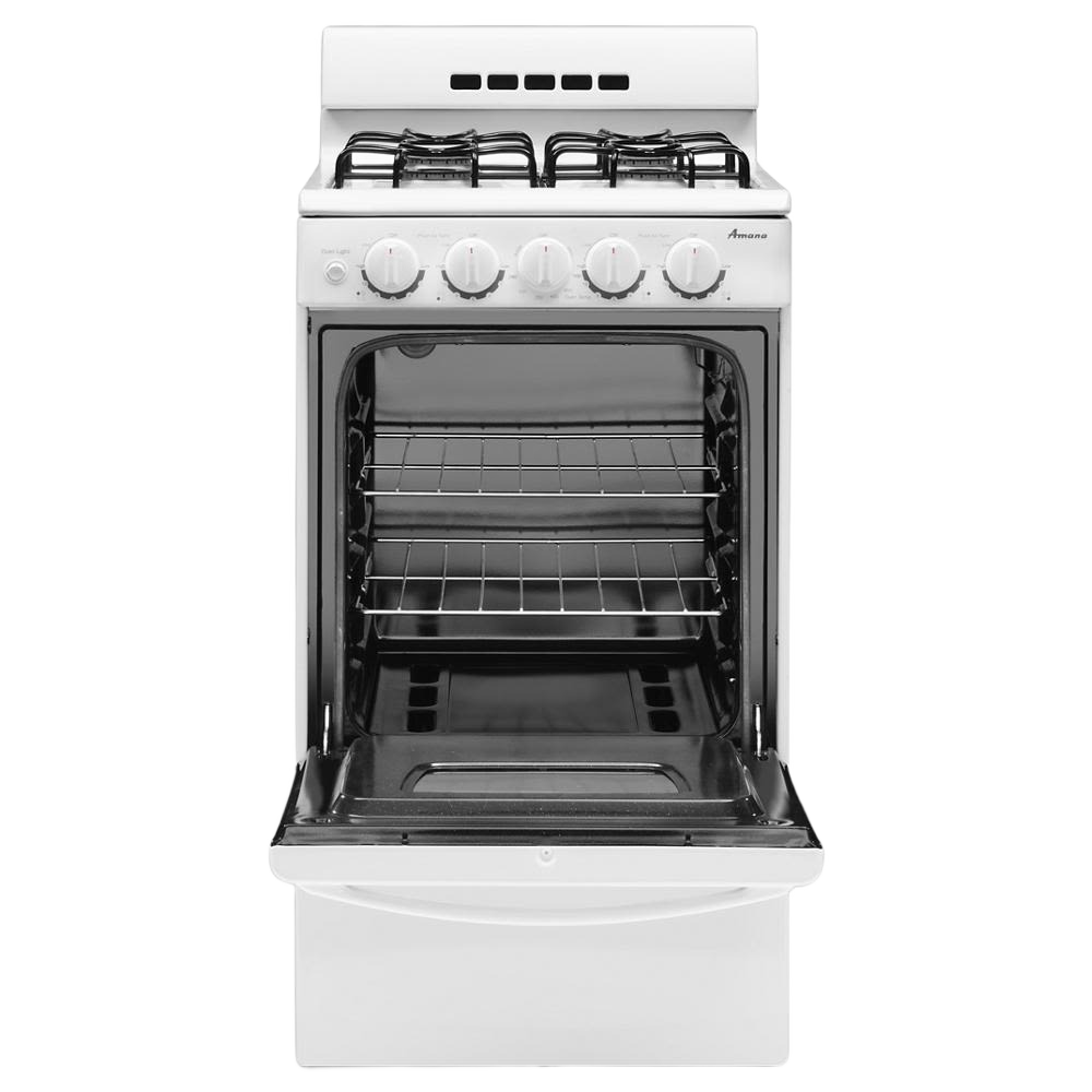 White 20-inch gas range with four burners and open oven door showing two racks from kitchen appliances collection