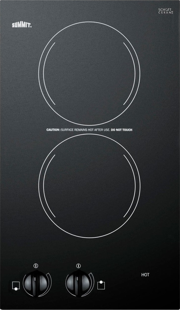 Black radiant cooktop with two circular burners and dual control knobs for kitchen appliance and home improvement use