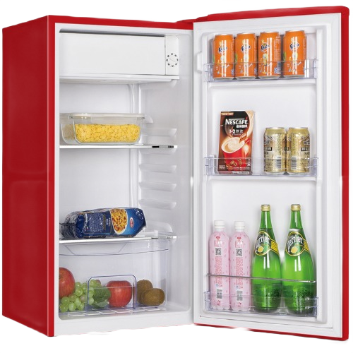 Retro-style compact red refrigerator filled with beverages, snacks, and fresh produce for mini kitchen and appliance collections