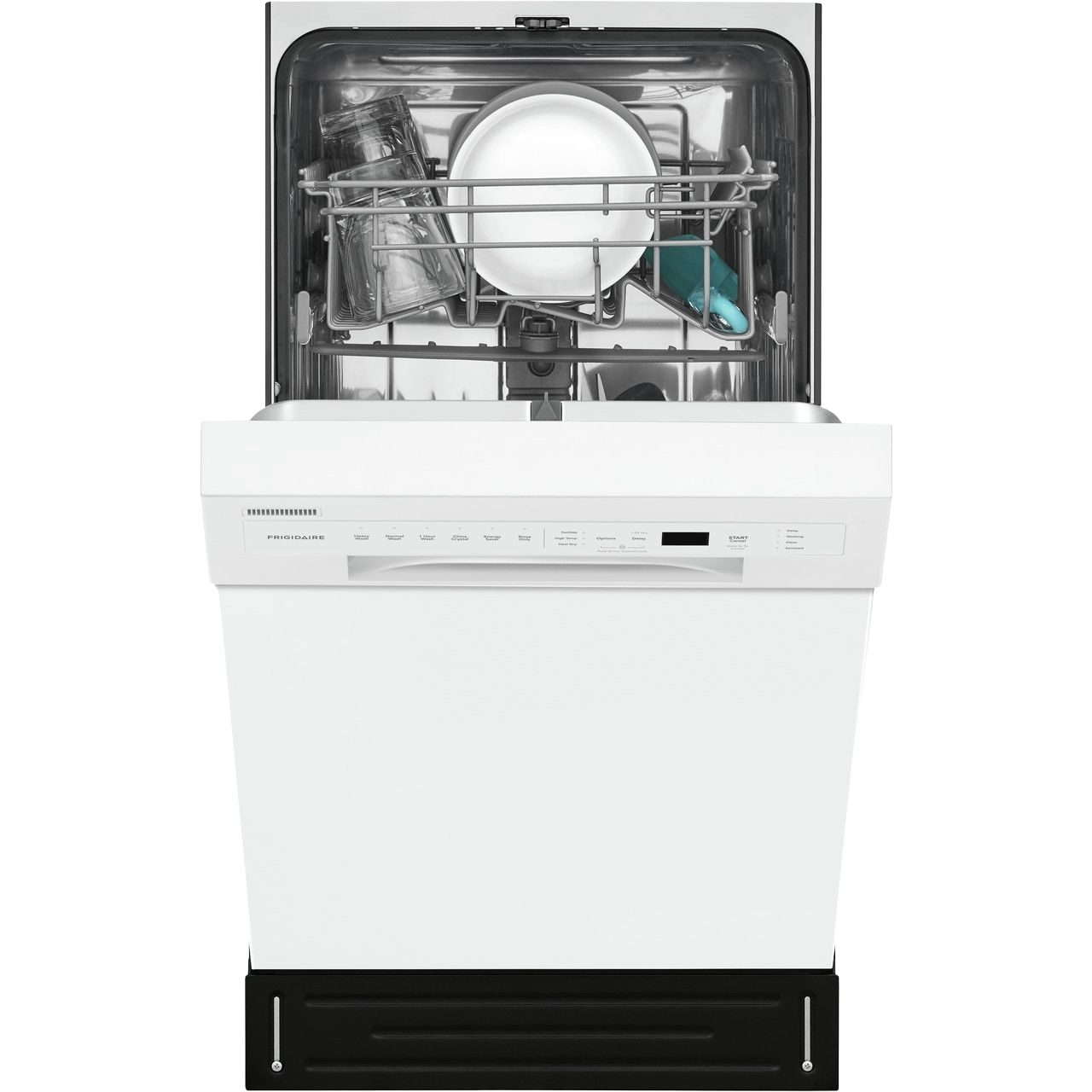 White 18-inch built-in dishwasher with open door showing dishes inside from kitchen appliances and dishwashers collection