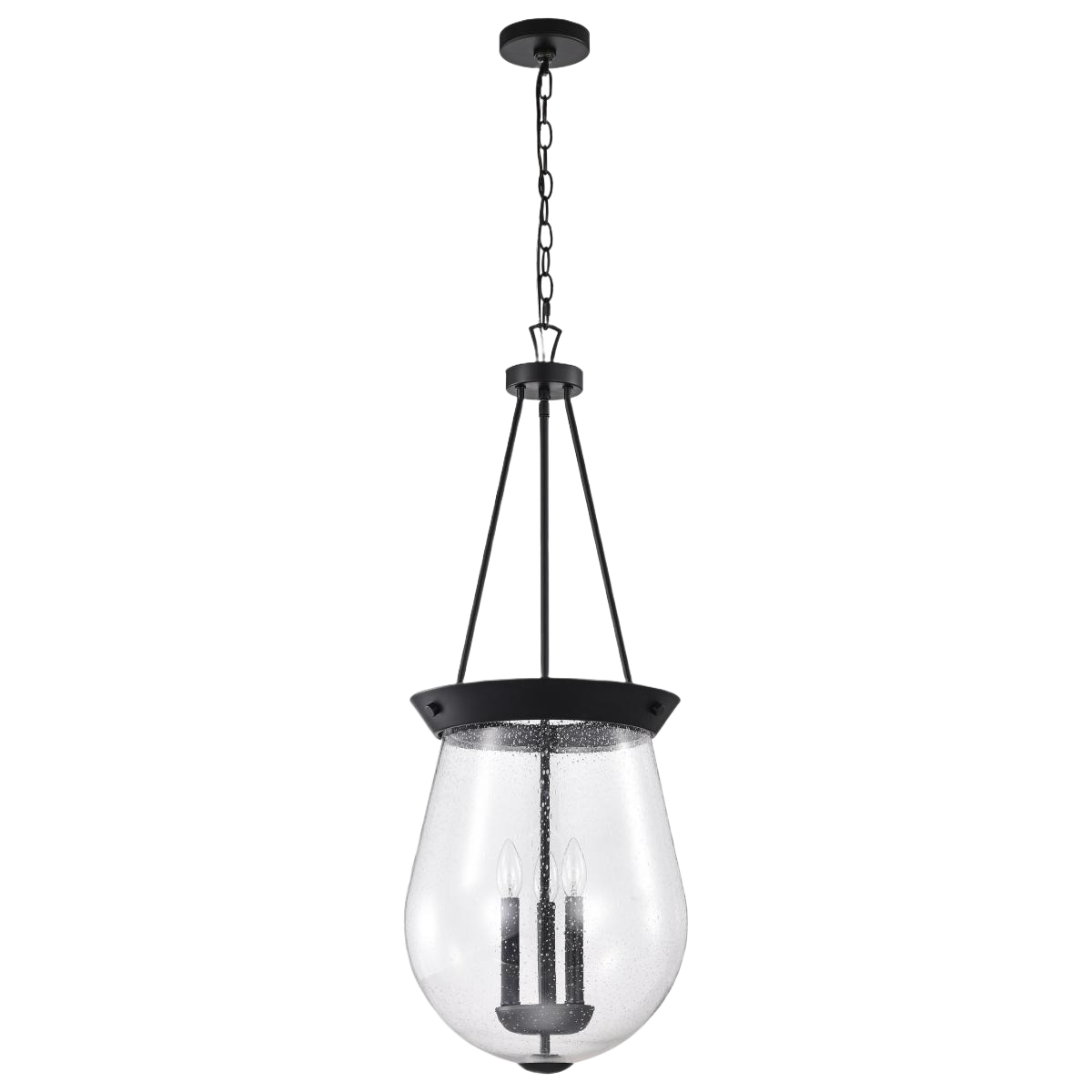 Matte black pendant light with clear seeded glass shade and three candle-style bulbs in lighting and pendant collections