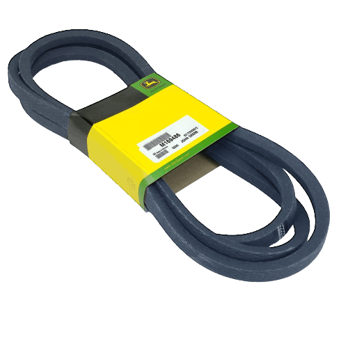 Black secondary drive V-belt with yellow and green John Deere label for mower deck maintenance and repair tasks