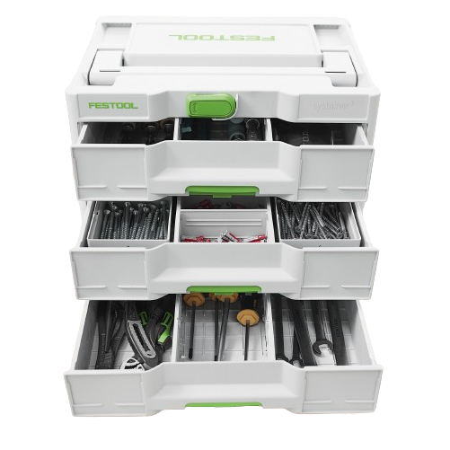 White Festool tool storage unit with multiple compartments and drawers for organizing woodworking and home improvement accessories