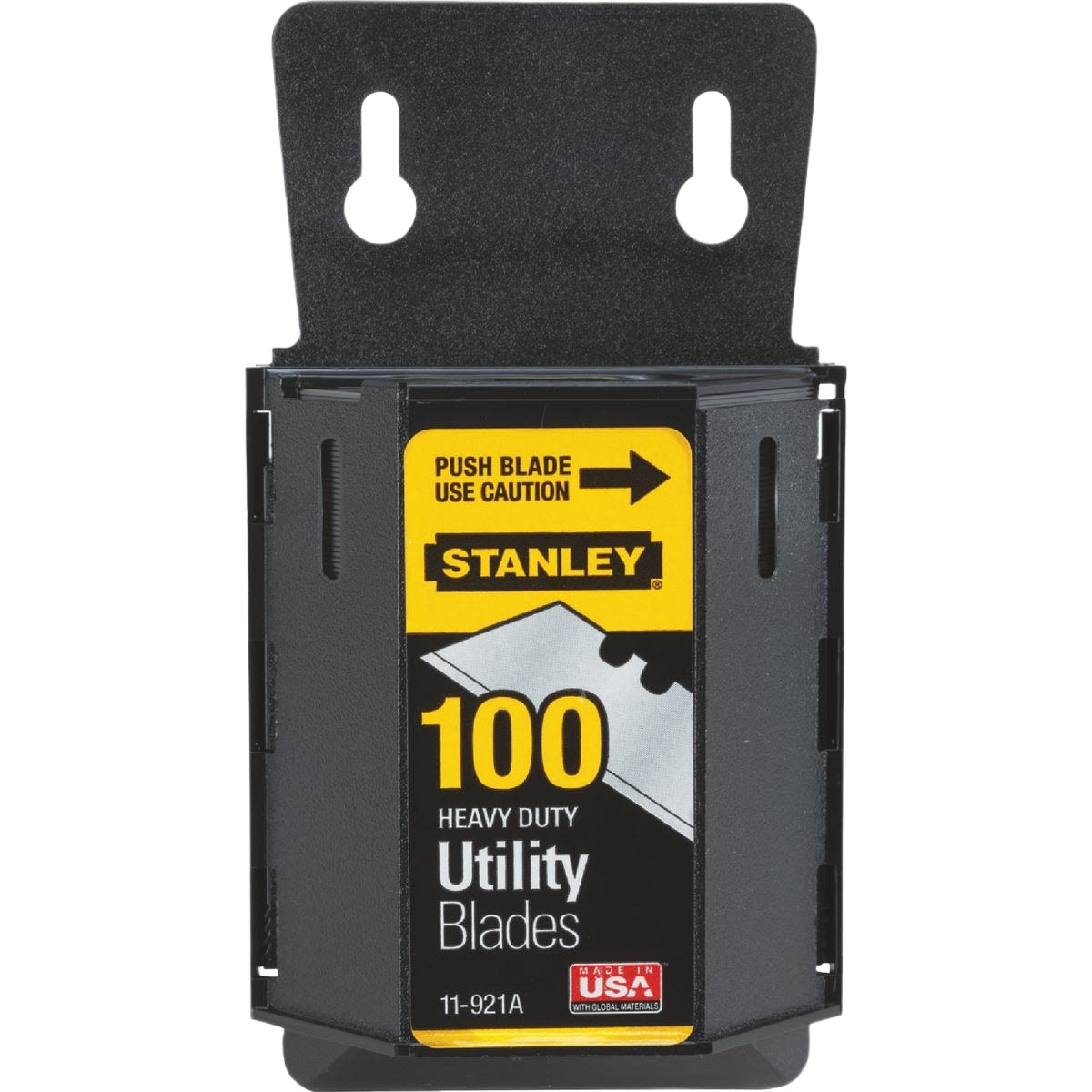 Compact black dispenser holding 100 heavy-duty utility blades for cutting tools and woodworking projects under $50.