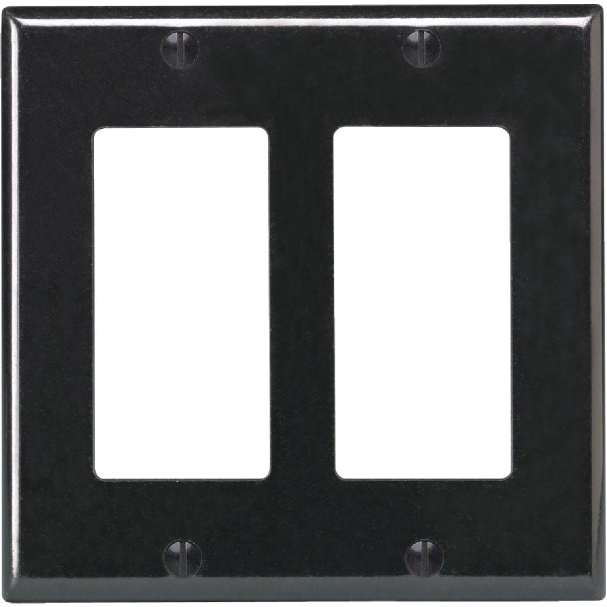 Black 2-gang plastic Decora rocker wall plate with smooth finish for home improvement and electrical projects