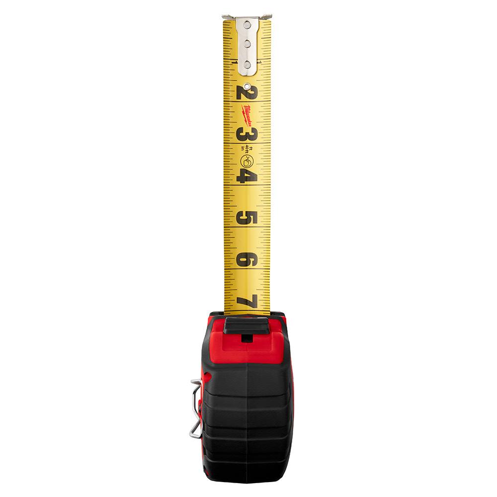 Red and black 35ft tape measure with wide yellow blade, designed for accurate measuring in woodworking and home improvement tools