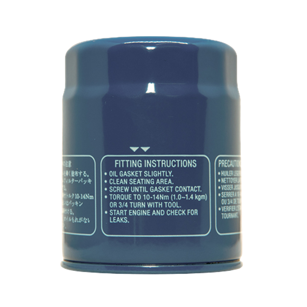 Blue cylindrical oil filter with printed fitting instructions for automotive fluids and lubricants under $50 collection