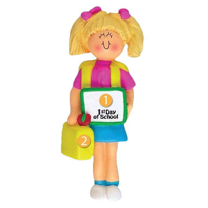 Blonde girl ornament holding school supplies celebrating first day of school from Christmas Ornaments collection