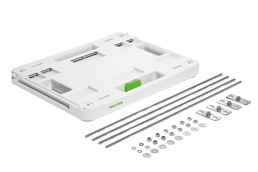 White plastic and metal ceiling mounting bracket kit with rods and hardware for dust collection in woodworking tools collection