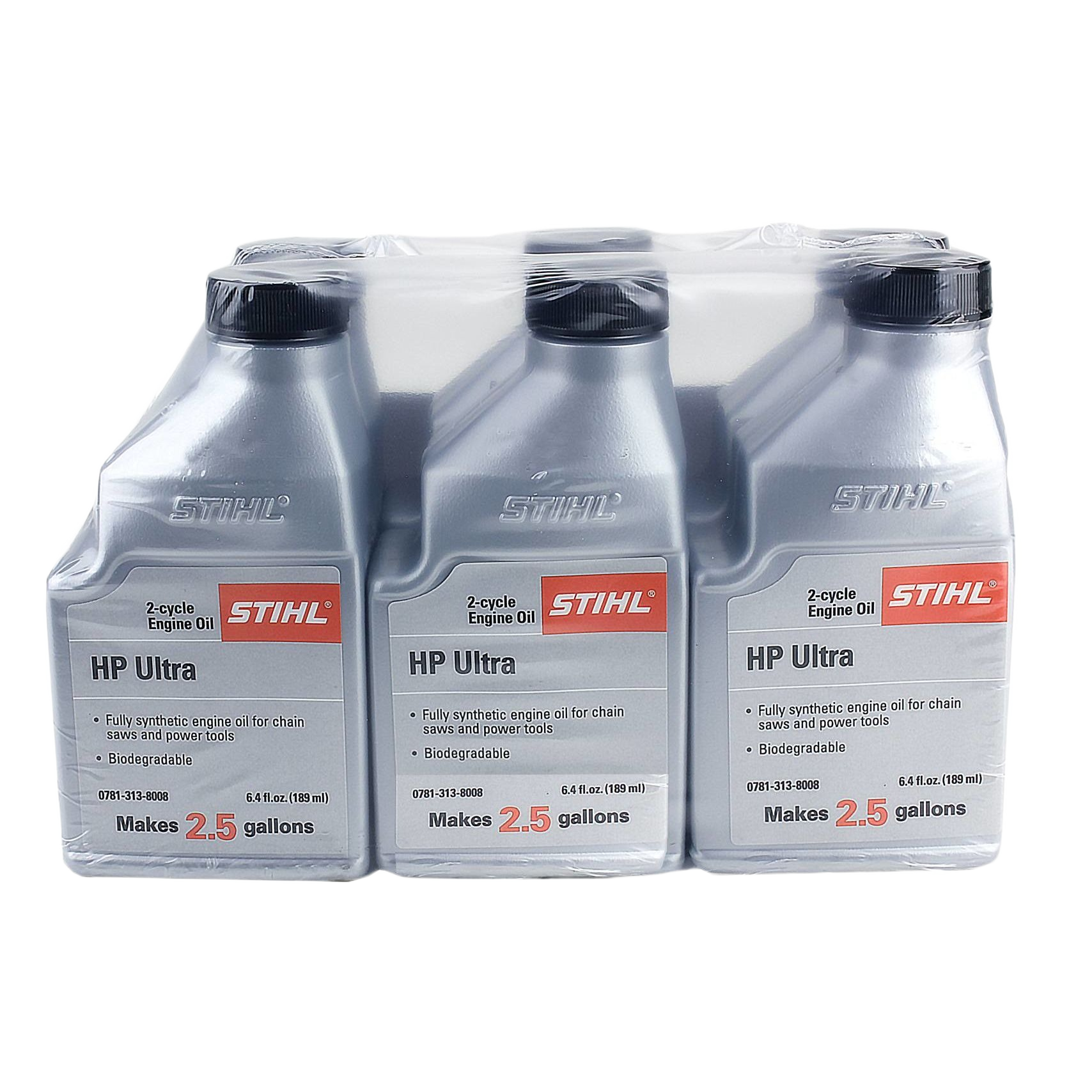 Six-pack of STIHL 6.4 oz. high-performance synthetic engine oil bottles for use with chainsaws and power tools