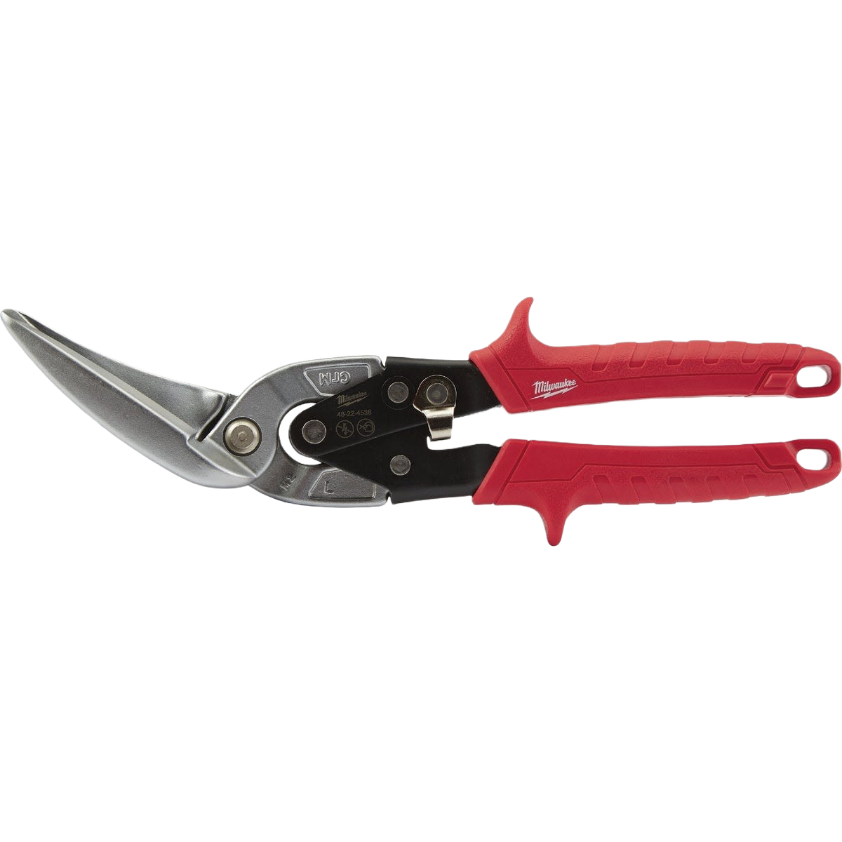 Offset left aviation snips with red handles designed for precise cutting in woodworking and hand tools collections