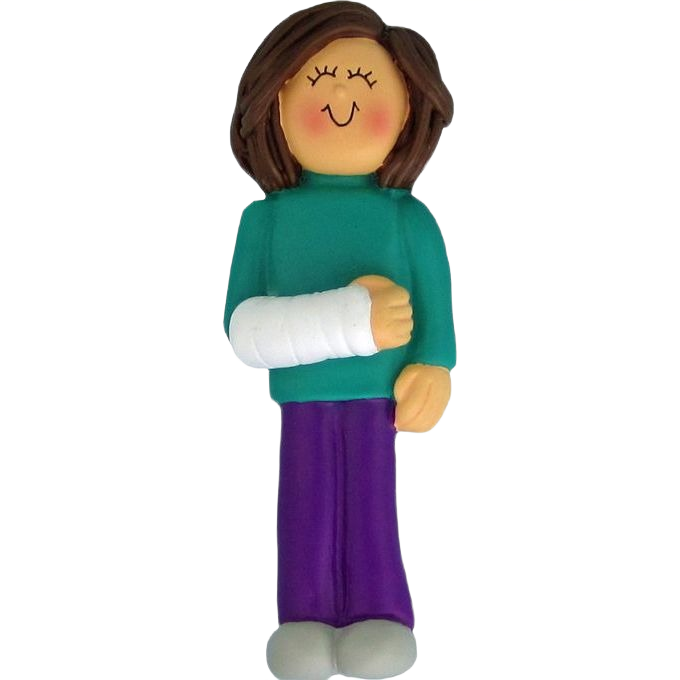 Brunette female figurine with arm cast wearing teal top and purple pants in Christmas Ornaments & Tree Decorations collection