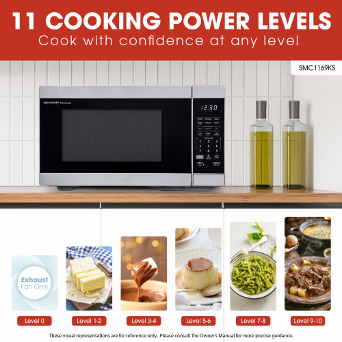 Sharp smart microwave oven on wooden kitchen counter with digital control panel and cooking power levels guide