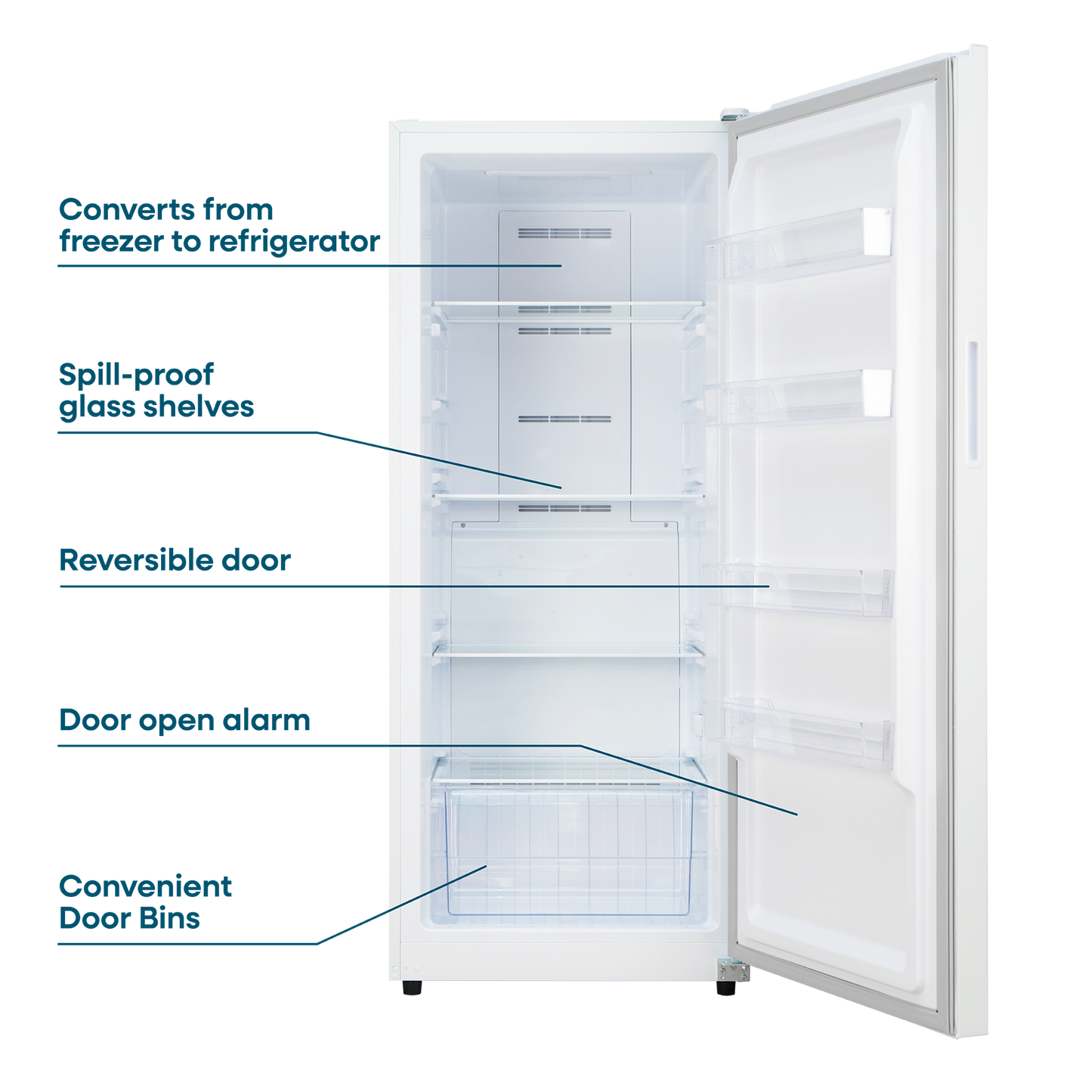 White upright convertible freezer and refrigerator with clear adjustable shelves, door bins, and transparent crisper drawer, part of Refrigerators, Kitchen & Kitchenware, All Products, and Appliances collections at Hartville Hardware.