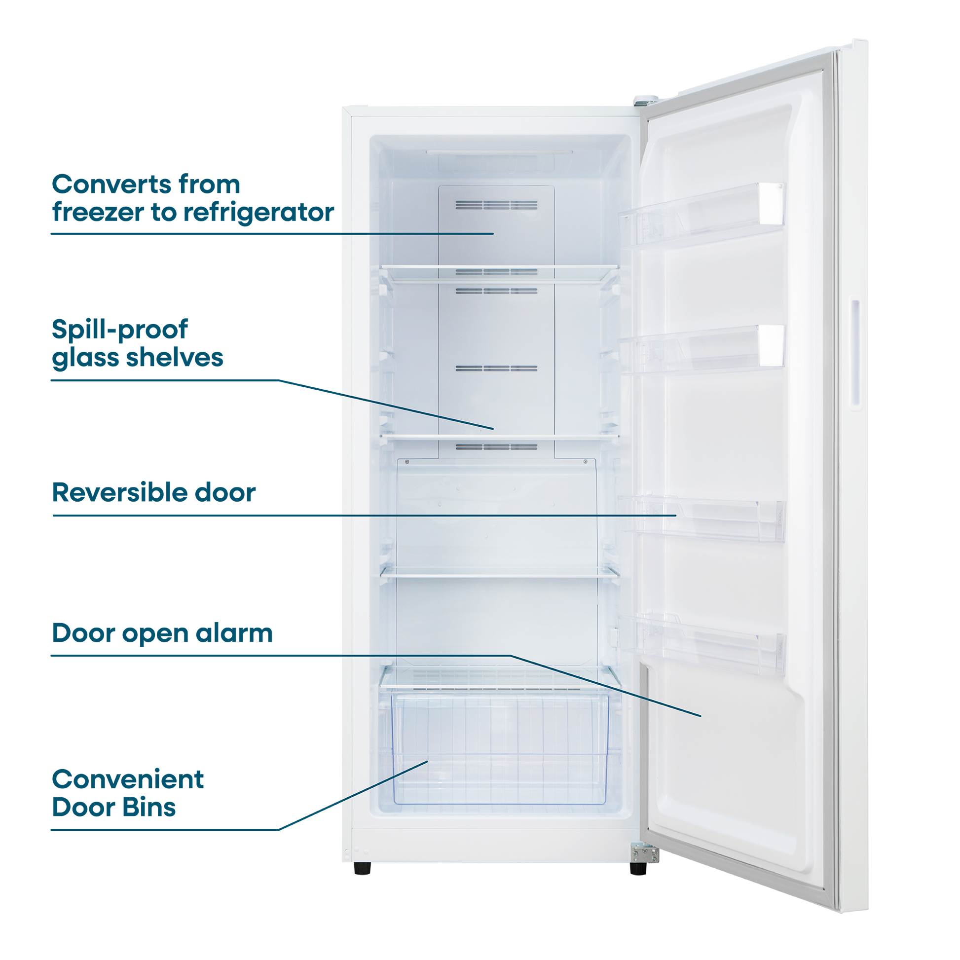 White upright convertible freezer and refrigerator with clear adjustable shelves, door bins, and transparent crisper drawer, part of Refrigerators, Kitchen & Kitchenware, All Products, and Appliances collections at Hartville Hardware.