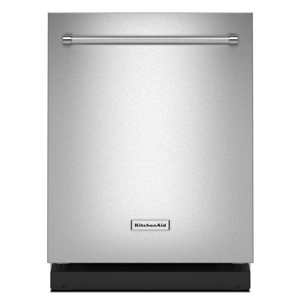Front view of stainless steel KitchenAid dishwasher with PrintShield™ finish and sleek horizontal handle from Appliances collection