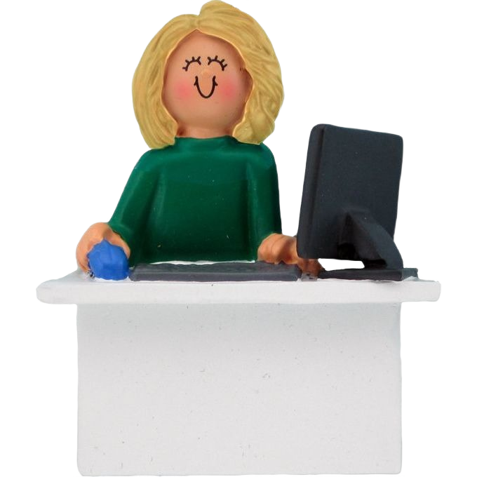 Blonde female figurine at desk with computer and mouse, festive Christmas ornament under 50 dollars