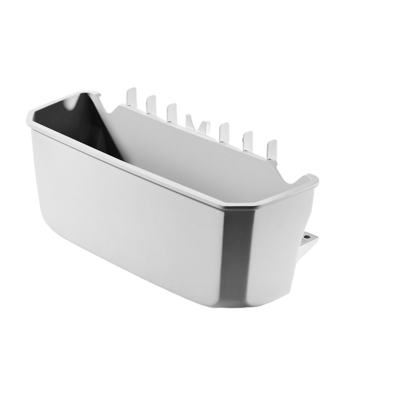 Compact gray storage box attachment for organizing tools and accessories in woodworking and dust collection setups