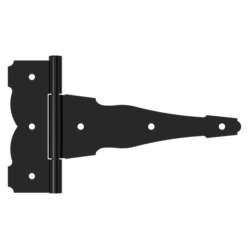 Black decorative 10-inch T-hinge with offset screw holes for durable gate hardware and home improvement projects