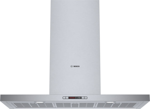 stainless steel 36-inch wall-mount range hood with halogen lights and digital temperature controls in kitchen appliances collection
