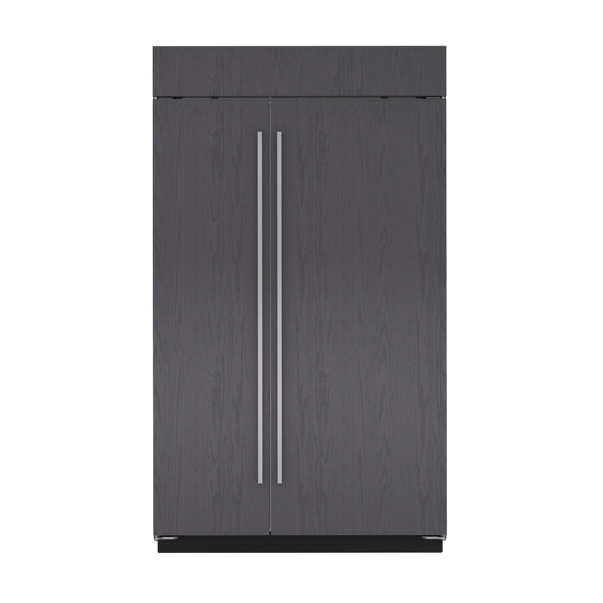 Panel-ready 48-inch side-by-side refrigerator-freezer with wood finish doors and stainless steel vertical handles in appliances collection