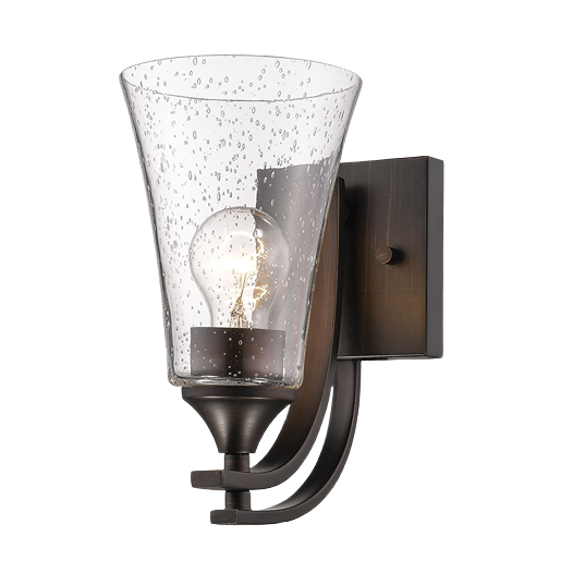 Wall sconce with rubbed bronze finish and clear seeded glass shade for bathroom and living room lighting projects under 100 dollars