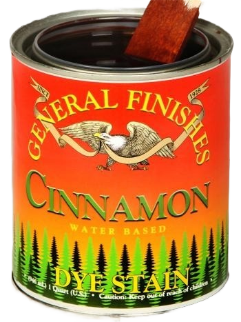 Open can of cinnamon water based dye stain with a wood applicator stick for interior stains and wood finishing projects under $50