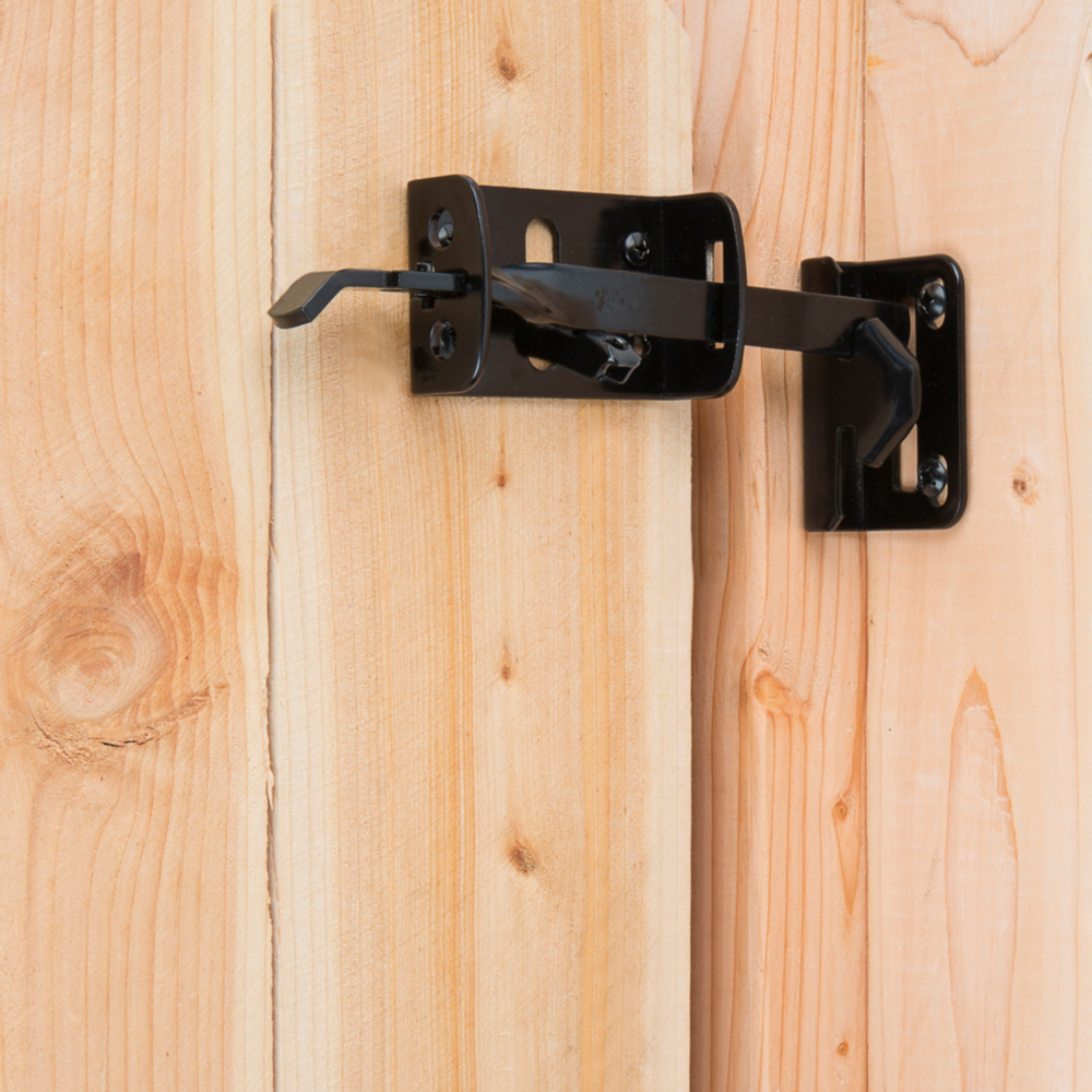 Black plated steel thumb latch installed on natural wood gate for hardware and home improvement under $50 tools