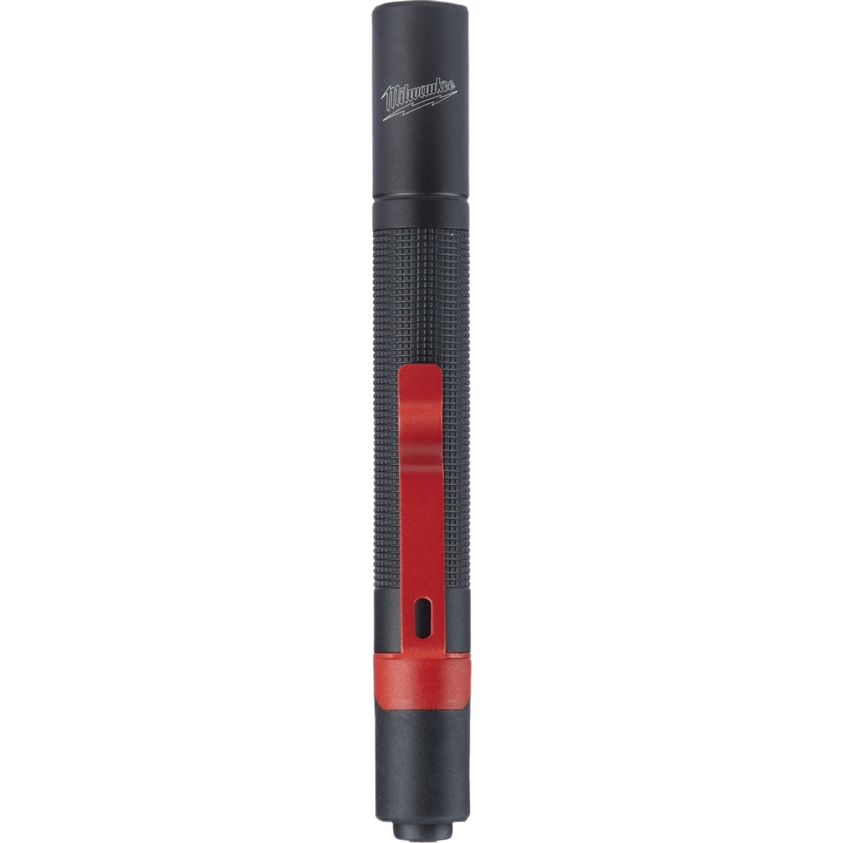 Slim black and red penlight with textured grip and clip for hands-free use in home improvement tasks