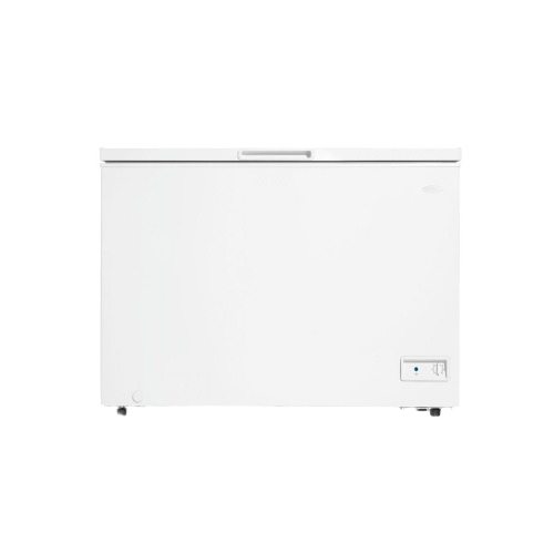 front view of white chest freezer with up-front temperature control and power-on indicator light for kitchen appliances