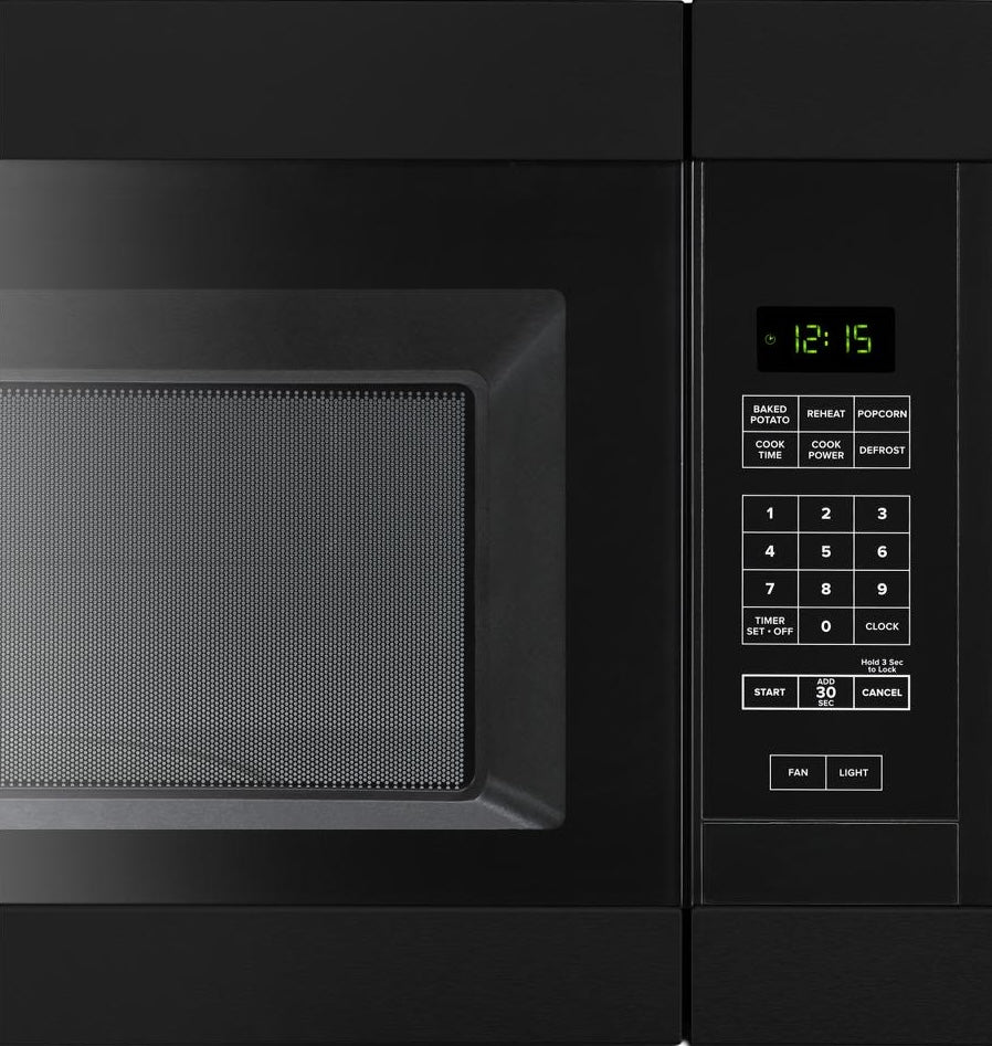 Black over-the-range microwave with LED display, numeric keypad, preset cooking buttons, and fan and light controls from Appliances collection