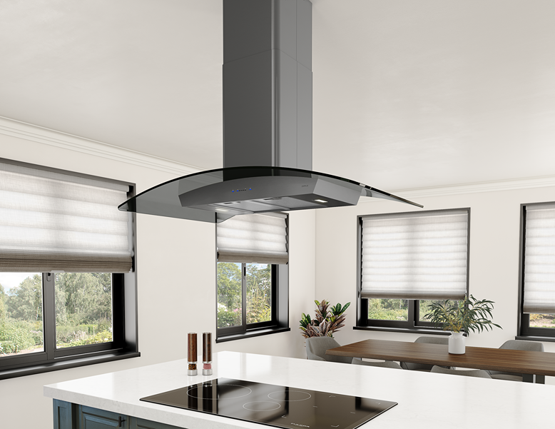 Smoke-gray curved glass range hood with black stainless steel finish installed above kitchen island cooktop from appliances collection