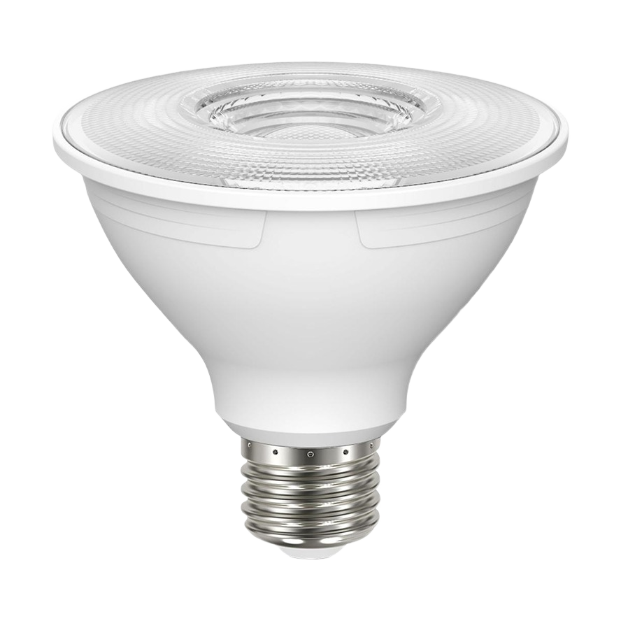 White LED floodlight bulb with medium screw base designed for energy-efficient home lighting solutions