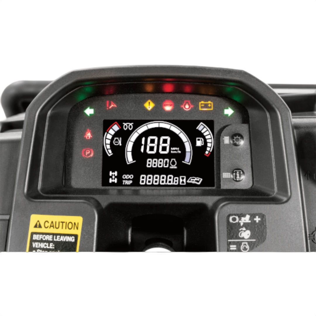 Digital dashboard display for a utility vehicle showing speedometer, fuel gauge, warning indicators, and trip information, part of John Deere UTVs collection.
