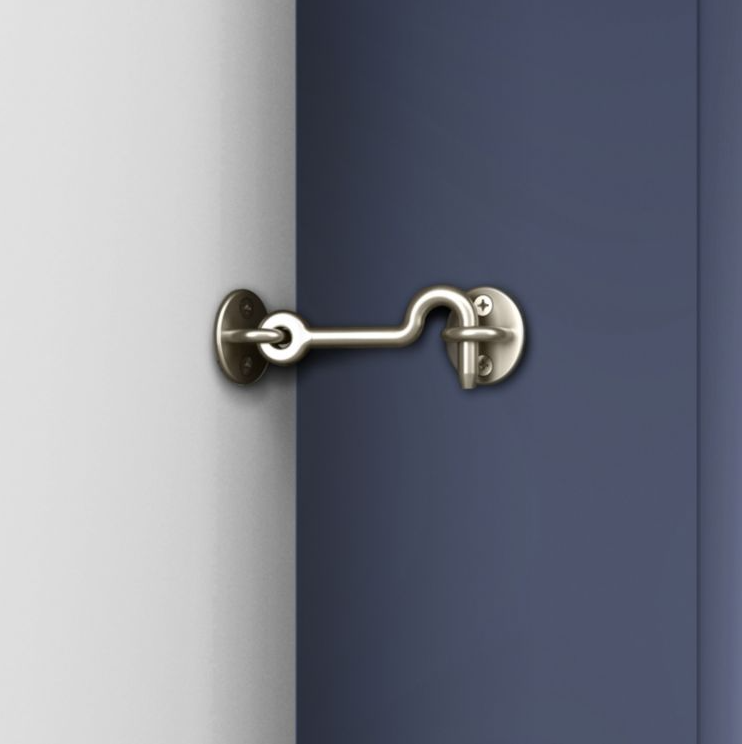 Satin nickel privacy hook installed on blue sliding door for home improvement and barn door hardware collections under $50