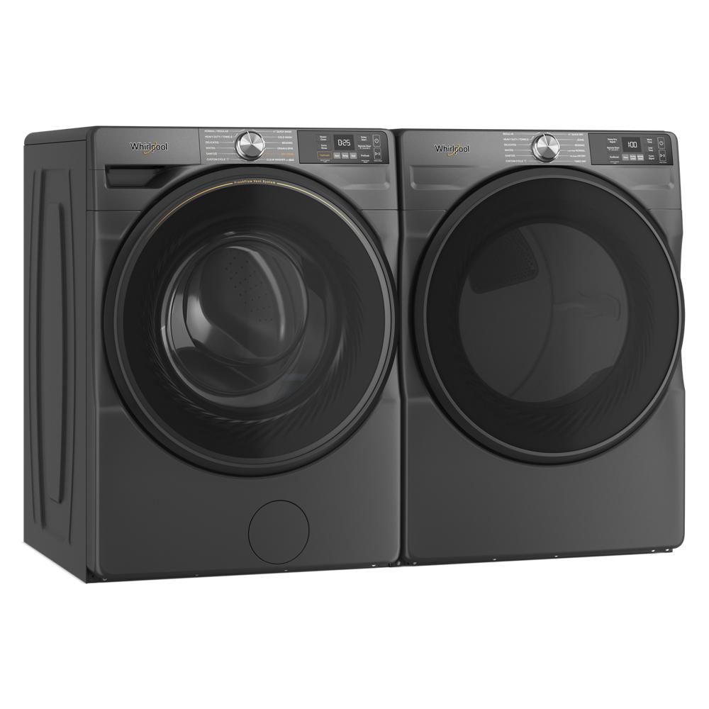 Dark gray front load washer and matching smart gas dryer with digital controls in modern laundry appliances collection