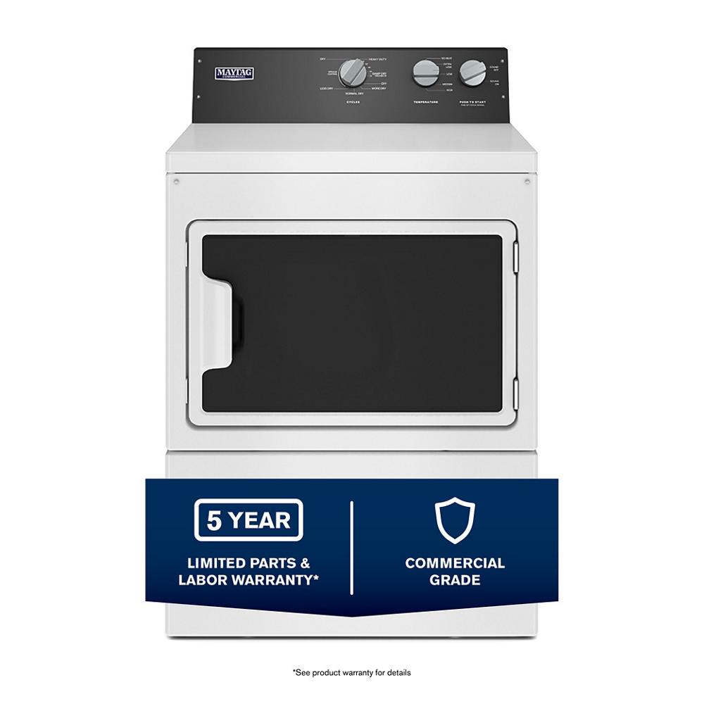 White commercial-grade residential gas dryer with black control panel and moisture sensor in gas dryers collection