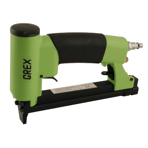 Green and black pneumatic stapler designed for home improvement and tools use with ergonomic grip