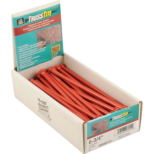 Box of red plastic TrussTite engineered lumber fasteners for home improvement and tools use