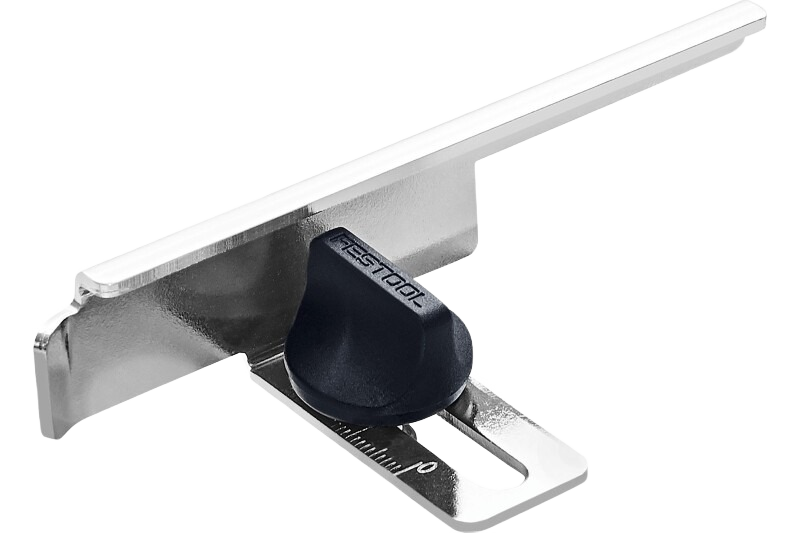 Metal planer depth stop with adjustable black plastic knob and silver steel construction for precise woodworking control