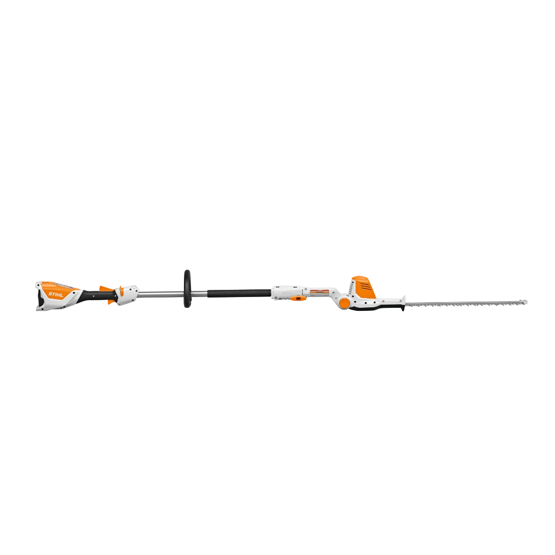 Long battery-powered hedge trimmer with 135-degree adjustable cutting head and ergonomic handle for home improvement tasks