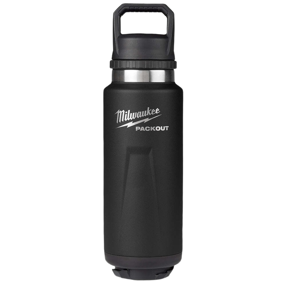 Black insulated Milwaukee PACKOUT bottle with chug lid and durable design for tool accessories and power tool use