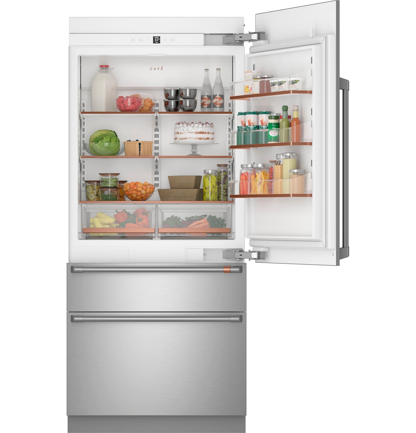 Open stainless steel integrated bottom-freezer refrigerator with organized shelves, door storage, and fresh produce inside from appliances collection