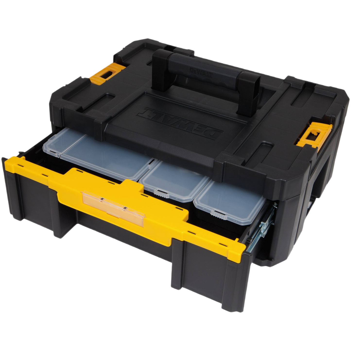Black and yellow TSTAK storage drawer with clear plastic compartments for tool and workshop organization under $100 collections