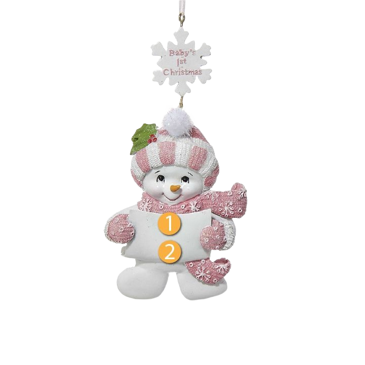 Pink and white snow baby girl ornament with cozy hat and scarf, personalized banner, Christmas decorations under $50 collections