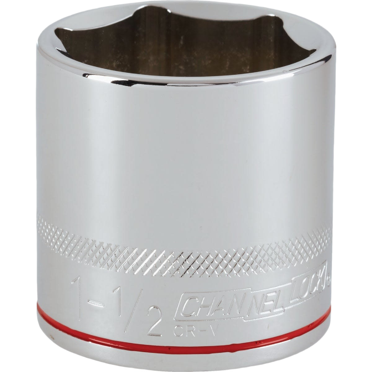 Chrome finished 6-point socket with textured grip ring for woodworking hand tools and home improvement tasks