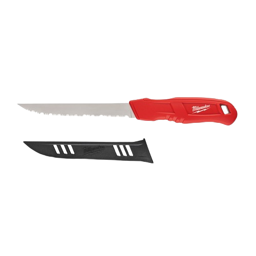 Red-handled serrated knife with stainless steel blade and black protective sheath for insulation and woodworking tools collections