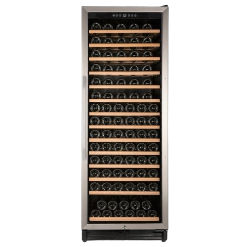 Tall stainless steel wine cooler with wooden shelves storing multiple bottles in kitchen appliances collection